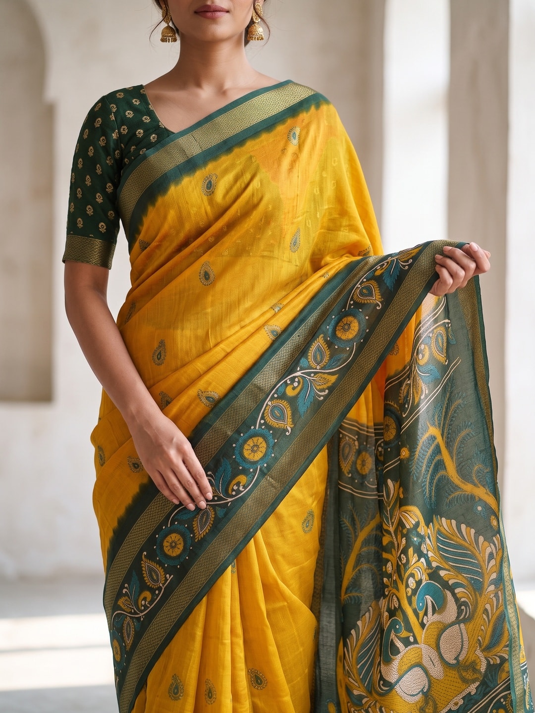 Peachmode Yellow Soft Moss Georgette Saree With Bentex Zari Jacquard Border And Kalamkari Peacock Pallu - Image 5