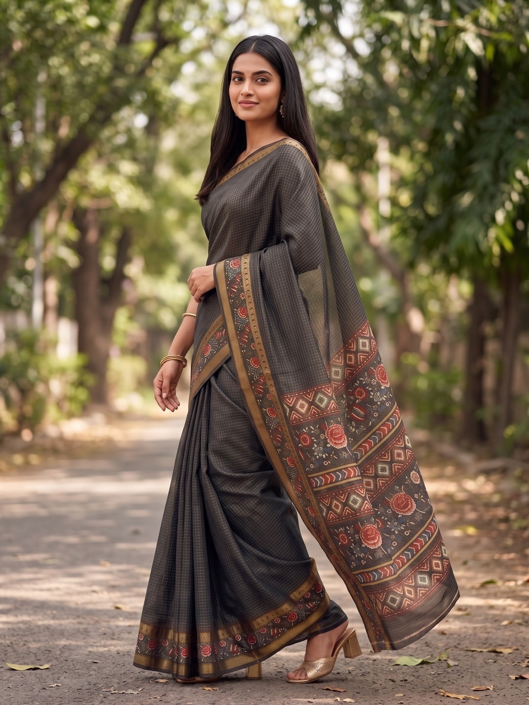 Peachmode Black Soft Cotton Bentex Chex Zari Jacquard Saree With Embroidery-Style Print Pallu - Image 3