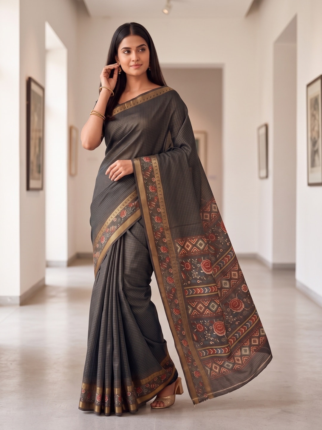 Peachmode Black Soft Cotton Bentex Chex Zari Jacquard Saree With Embroidery-Style Print Pallu - Image 4
