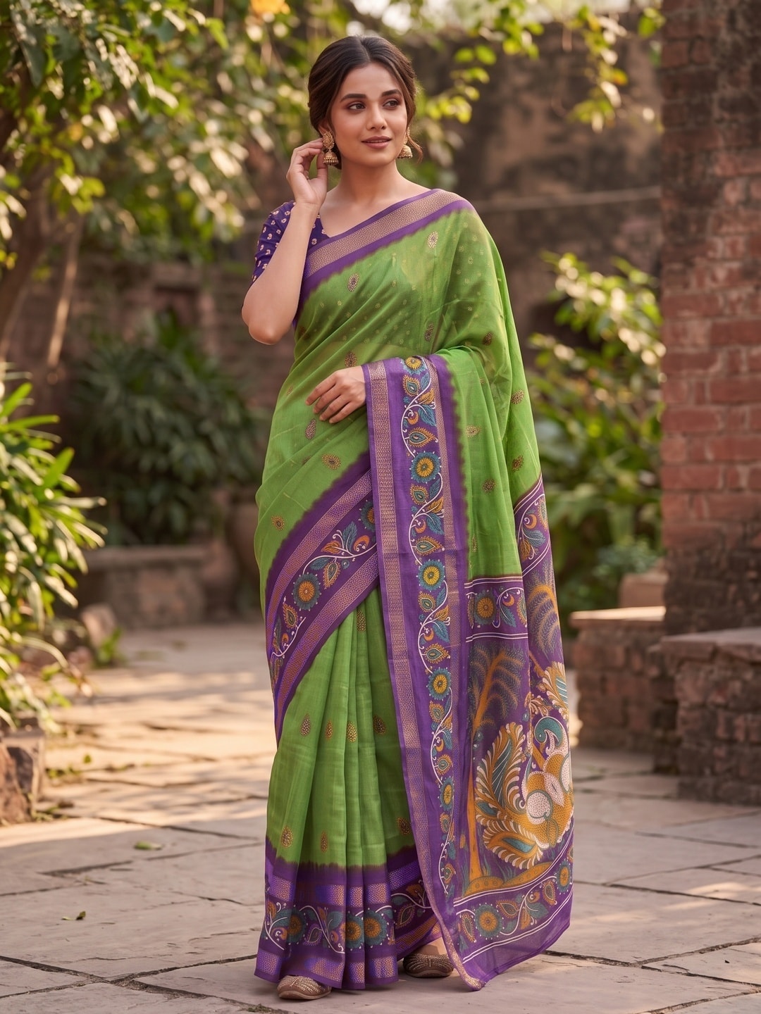 Peachmode Olive Green Soft Moss Georgette Saree With Bentex Zari Jacquard Border And Kalamkari Peacock Pallu - Image 4