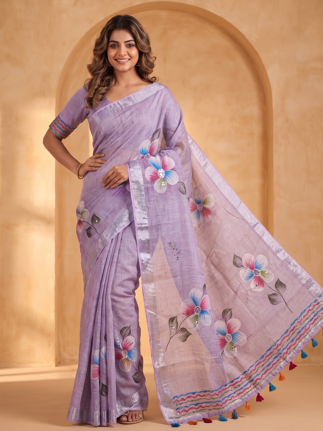 Peachmode Lavender Pure Linen Weave Saree With Chennur Cotton Print And Thread Mirror Work With Tassels - Image 1
