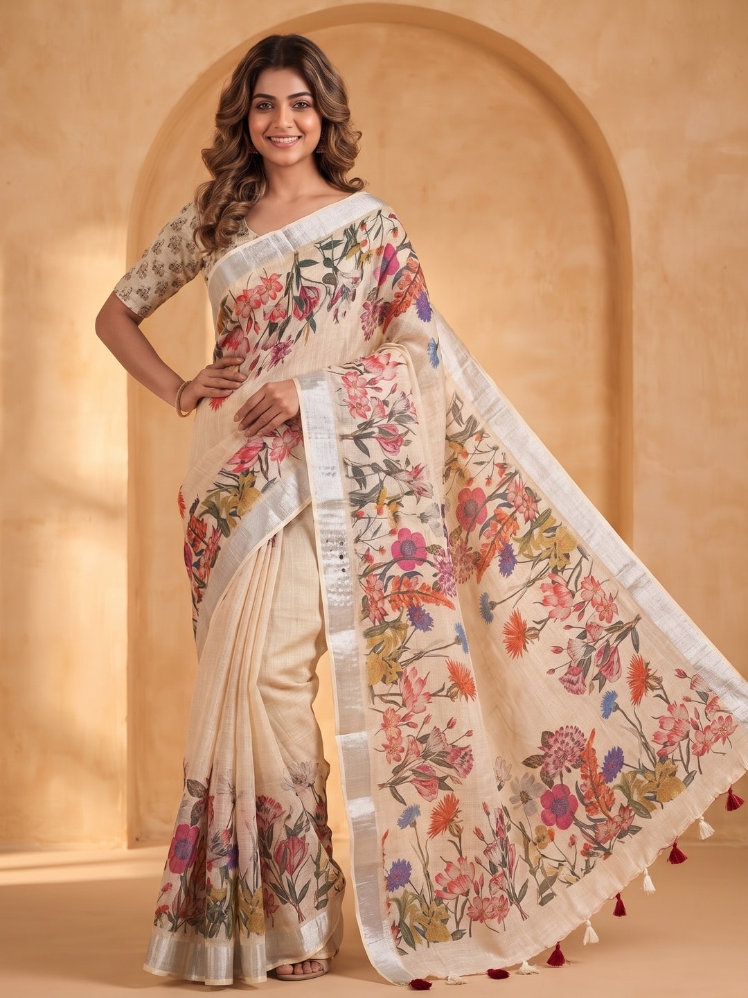 Peachmode Cream Pure Linen Weave Saree With Chennur Cotton Print And Thread Mirror Work With Tassels - Image 1
