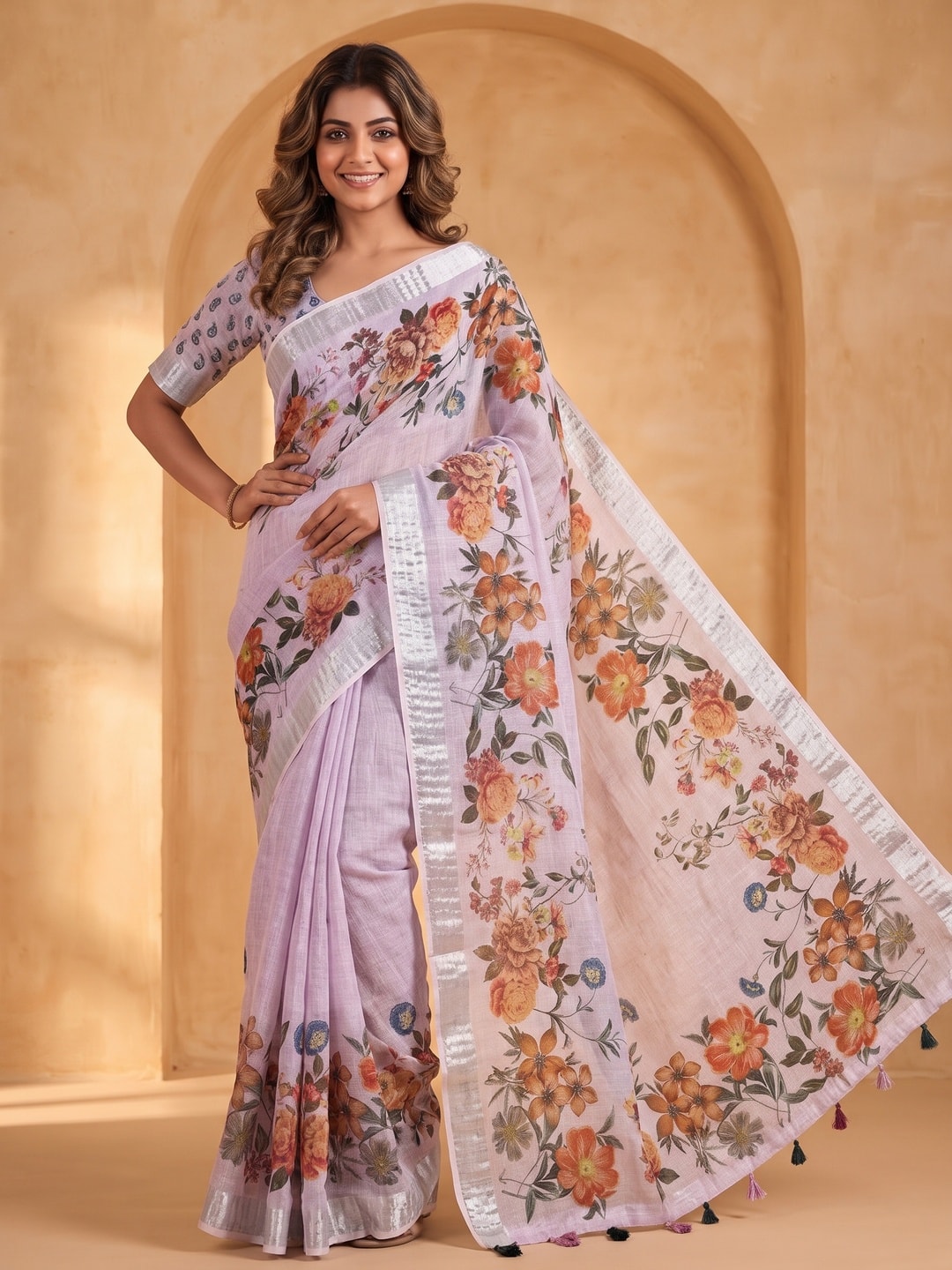 Peachmode Lilac Pure Linen Weave Saree With Chennur Cotton Print And Thread Mirror Work With Tassels - Image 1