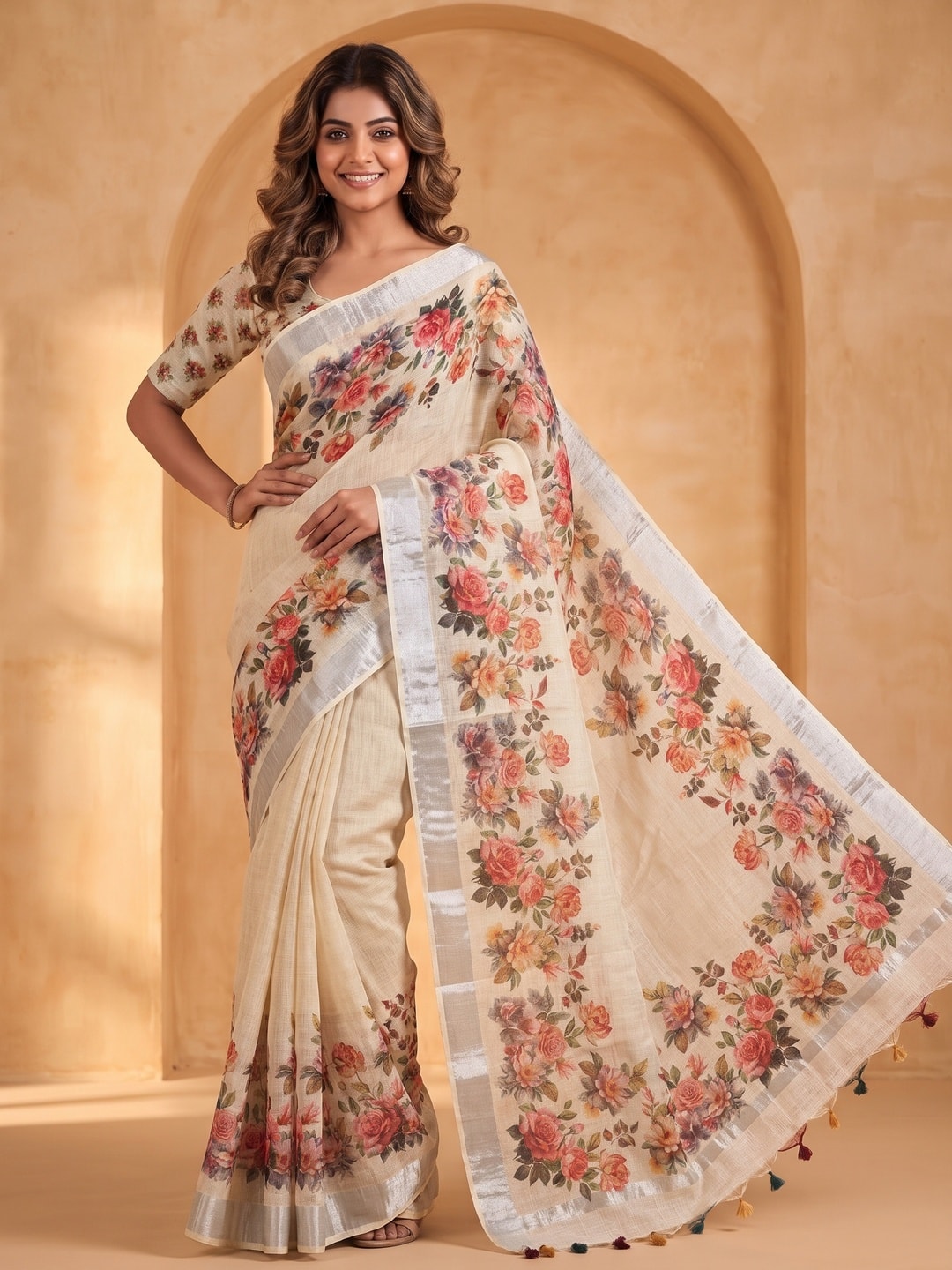 Peachmode Cream Pure Linen Weave Saree With Chennur Cotton Print And Thread Mirror Work With Tassels - Image 1