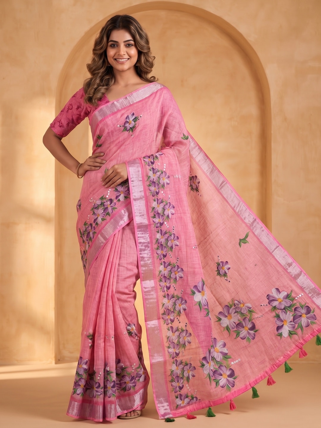 Peachmode Pink Pure Linen Weave Saree With Chennur Cotton Print And Thread Mirror Work With Tassels - Image 1