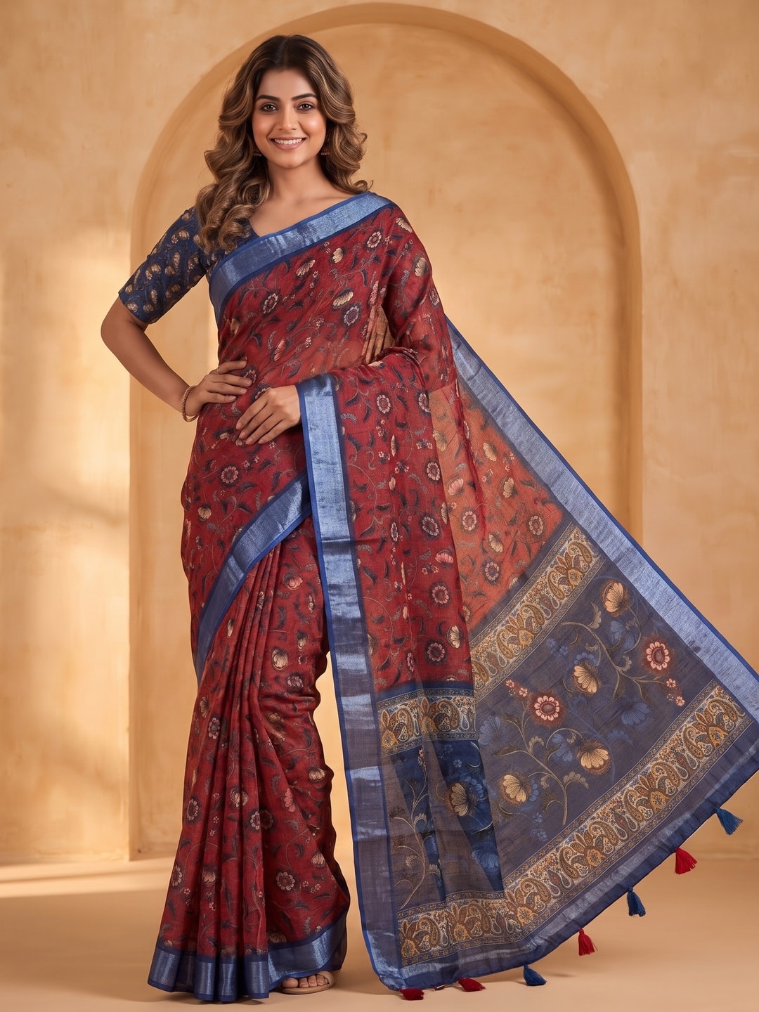 Peachmode Maroon Pure Linen Weave Saree With Chennur Cotton Print And Thread Mirror Work With Tassels - Image 1