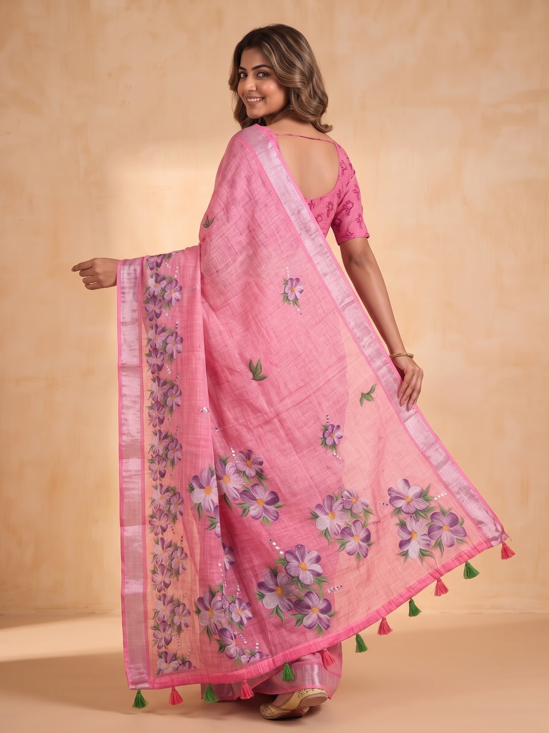 Peachmode Pink Pure Linen Weave Saree With Chennur Cotton Print And Thread Mirror Work With Tassels - Image 2