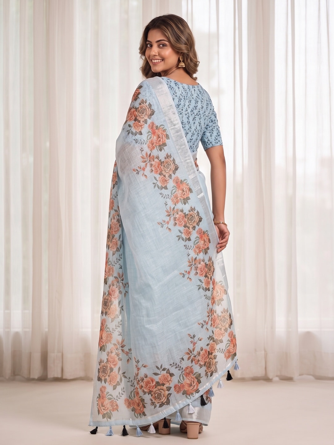 Peachmode Sky Blue Pure Linen Weave Saree With Chennur Cotton Print And Thread Mirror Work With Tassels - Image 2