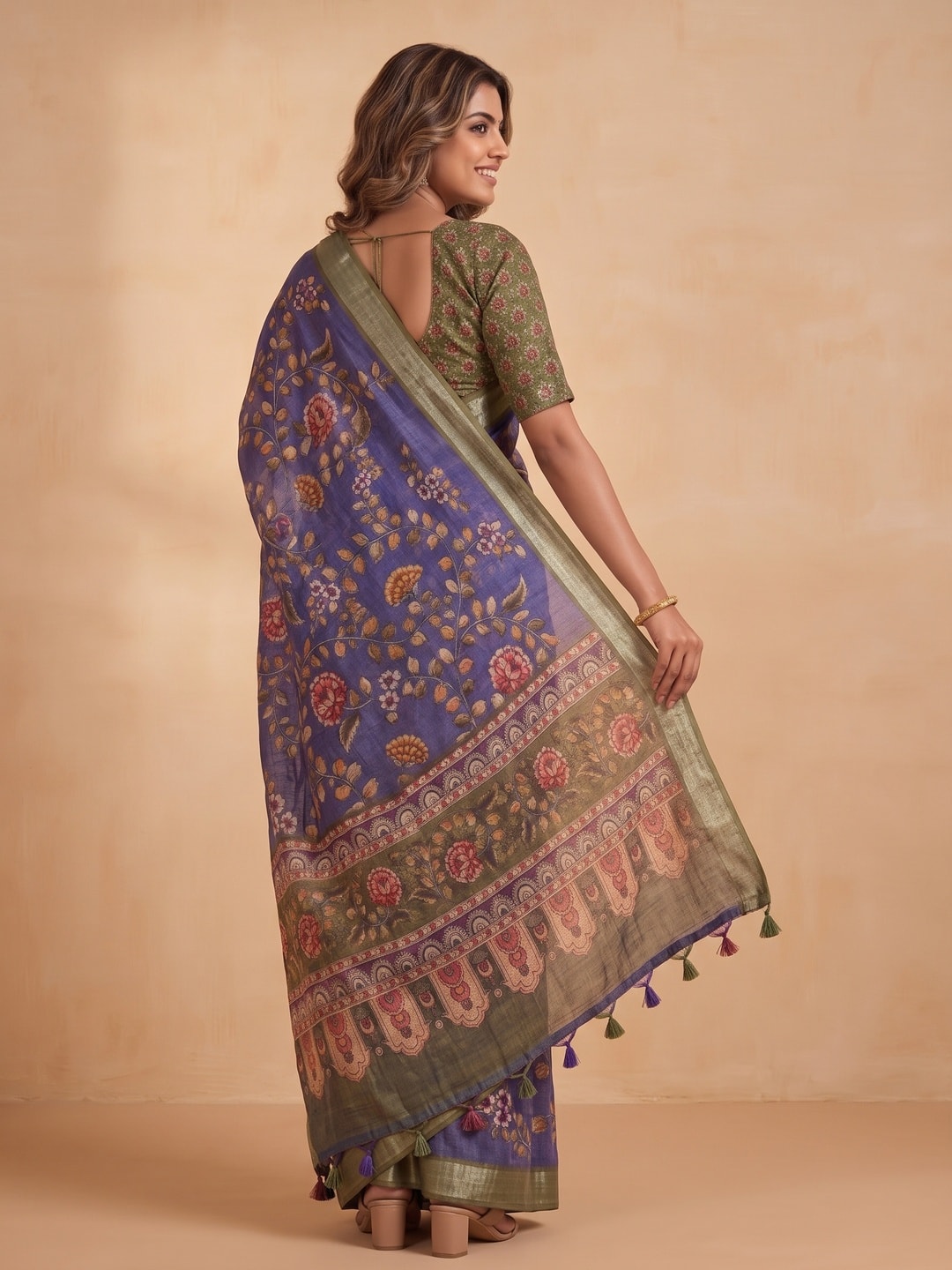 Peachmode Blue Pure Linen Weave Saree With Chennur Cotton Print And Thread Mirror Work With Tassels - Image 2