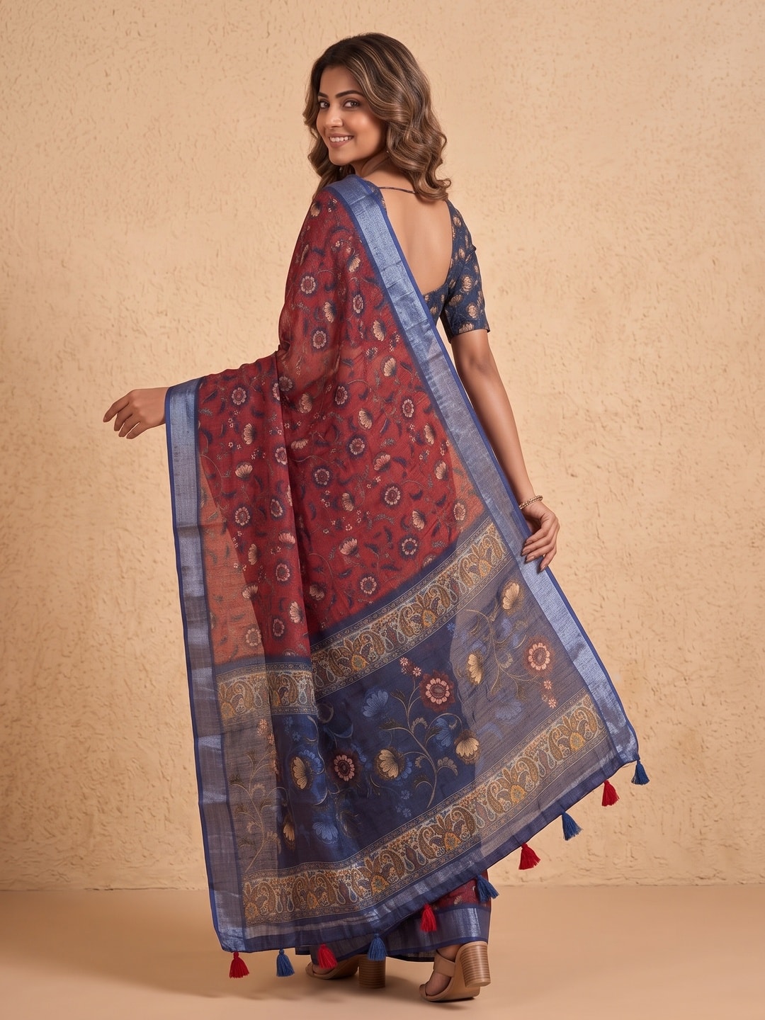 Peachmode Maroon Pure Linen Weave Saree With Chennur Cotton Print And Thread Mirror Work With Tassels - Image 2