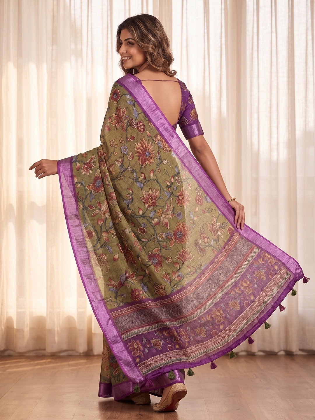 Peachmode Olive Pure Linen Weave Saree With Chennur Cotton Print And Thread Mirror Work With Tassels - Image 2