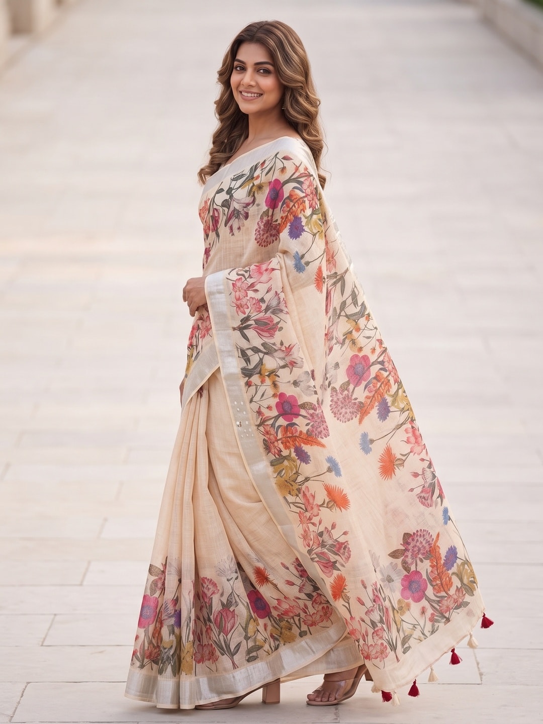 Peachmode Cream Pure Linen Weave Saree With Chennur Cotton Print And Thread Mirror Work With Tassels - Image 3