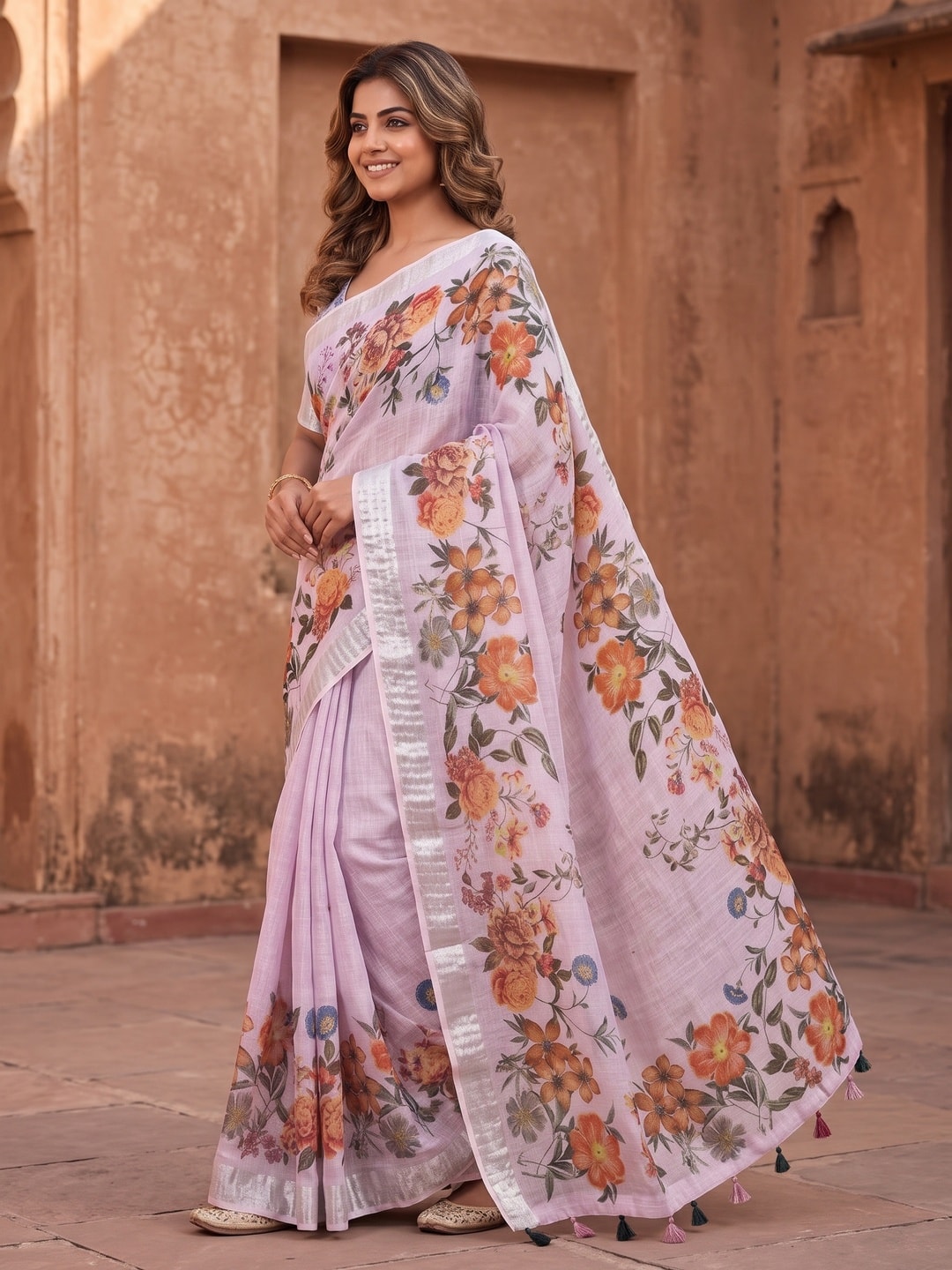 Peachmode Lilac Pure Linen Weave Saree With Chennur Cotton Print And Thread Mirror Work With Tassels - Image 3