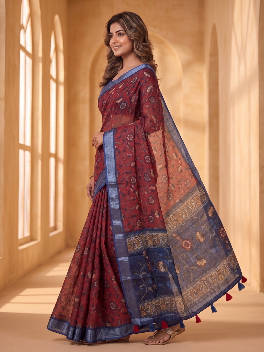 Peachmode Maroon Pure Linen Weave Saree With Chennur Cotton Print And Thread Mirror Work With Tassels - Image 3
