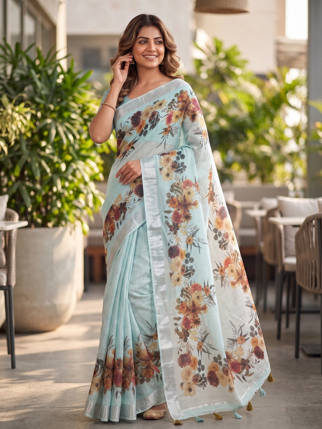 Peachmode Aqua Pure Linen Weave Saree With Chennur Cotton Print And Thread Mirror Work With Tassels - Image 4