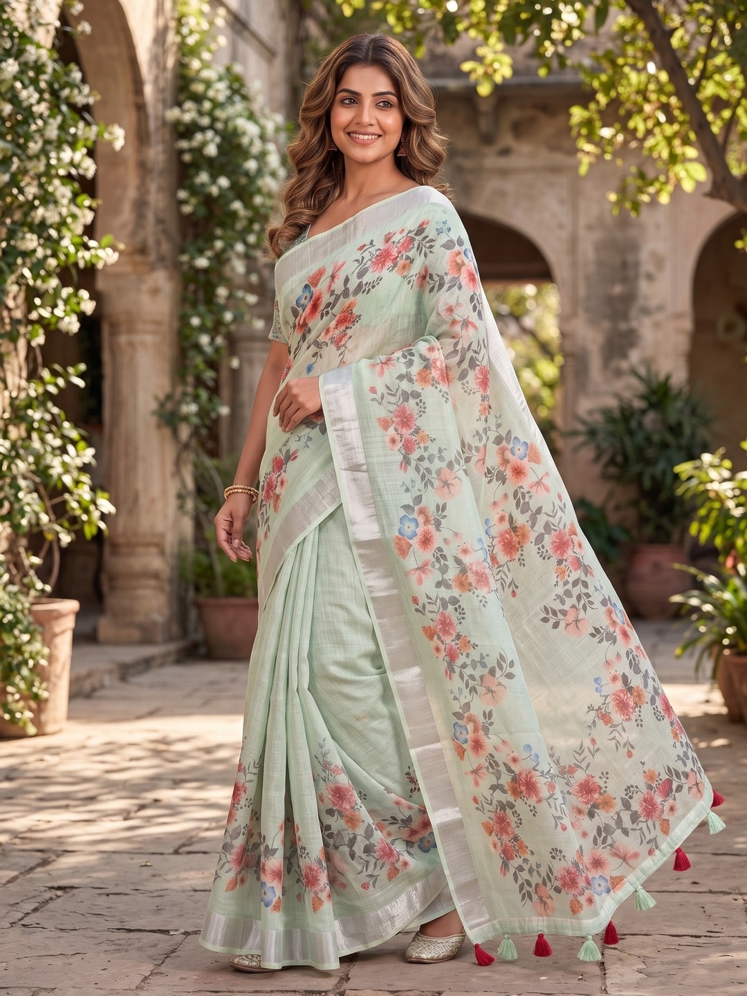 Peachmode Pista Pure Linen Weave Saree With Chennur Cotton Print And Thread Mirror Work With Tassels - Image 4