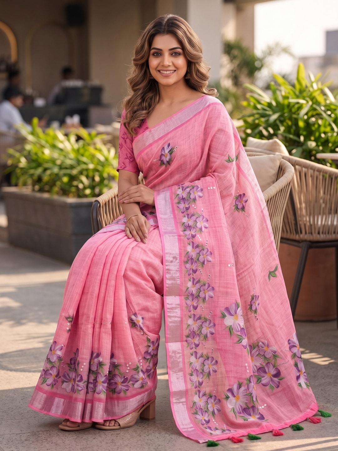 Peachmode Pink Pure Linen Weave Saree With Chennur Cotton Print And Thread Mirror Work With Tassels - Image 4
