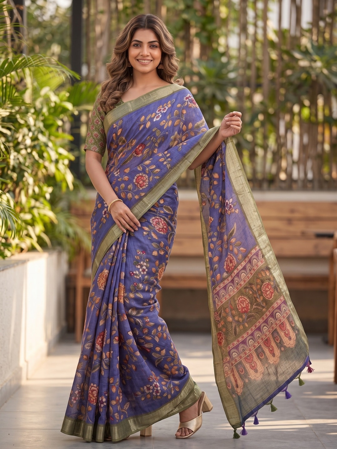 Peachmode Blue Pure Linen Weave Saree With Chennur Cotton Print And Thread Mirror Work With Tassels - Image 4