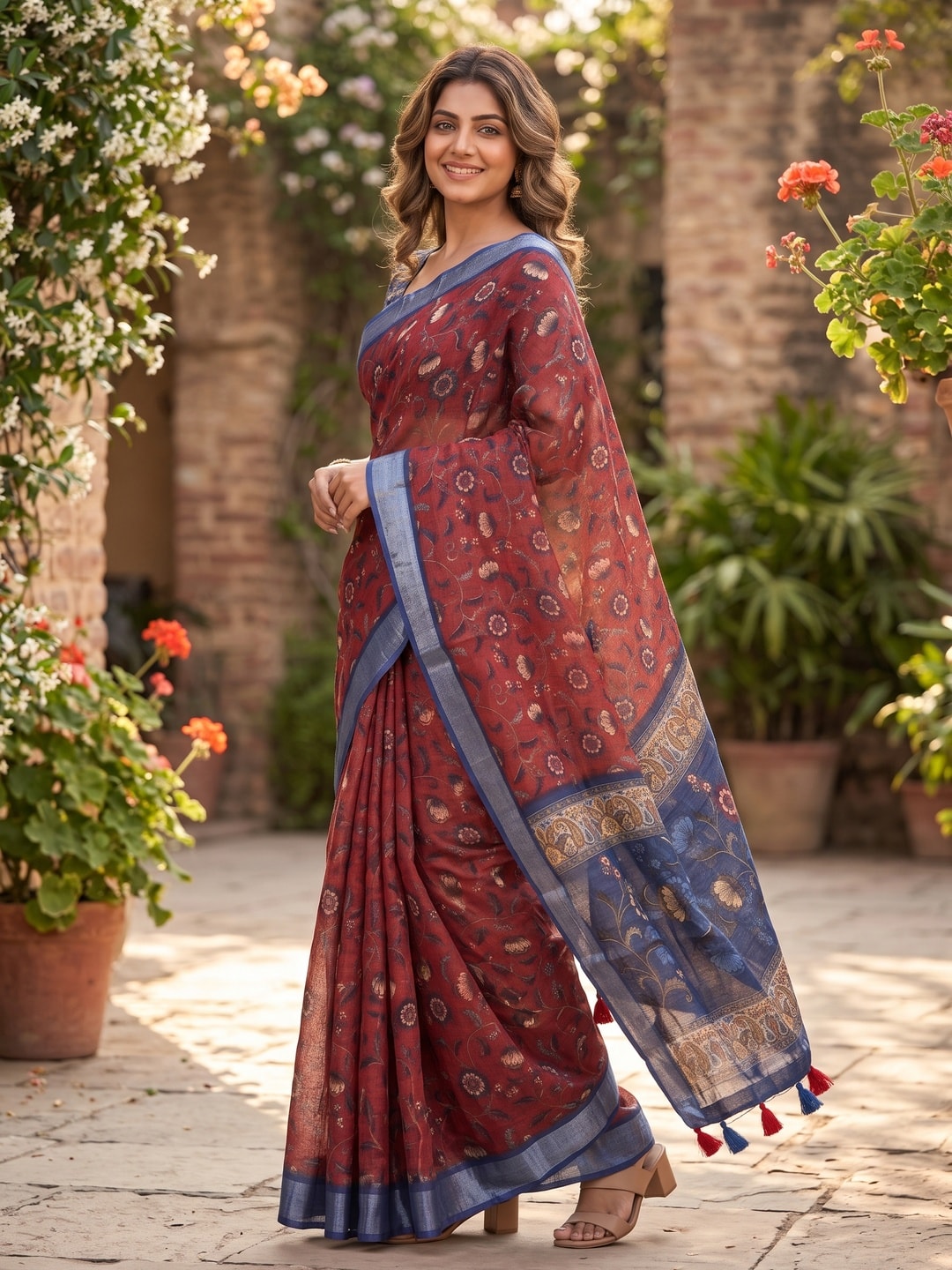 Peachmode Maroon Pure Linen Weave Saree With Chennur Cotton Print And Thread Mirror Work With Tassels - Image 4