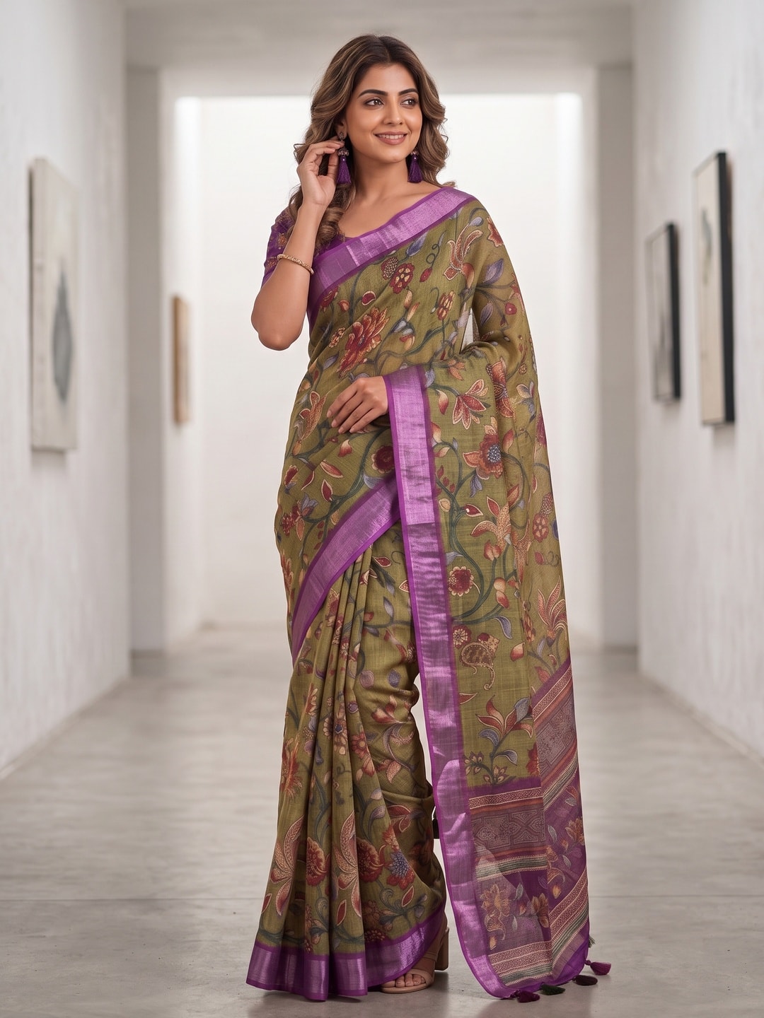 Peachmode Olive Pure Linen Weave Saree With Chennur Cotton Print And Thread Mirror Work With Tassels - Image 4
