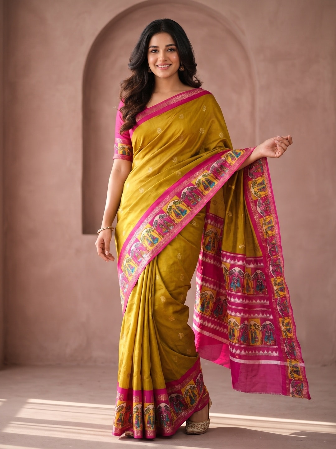 Peachmode Mustard Soft Cotton Weaving Butti Zari Jacquard Saree With Fancy Figure Design Border And Pallu - Image 1