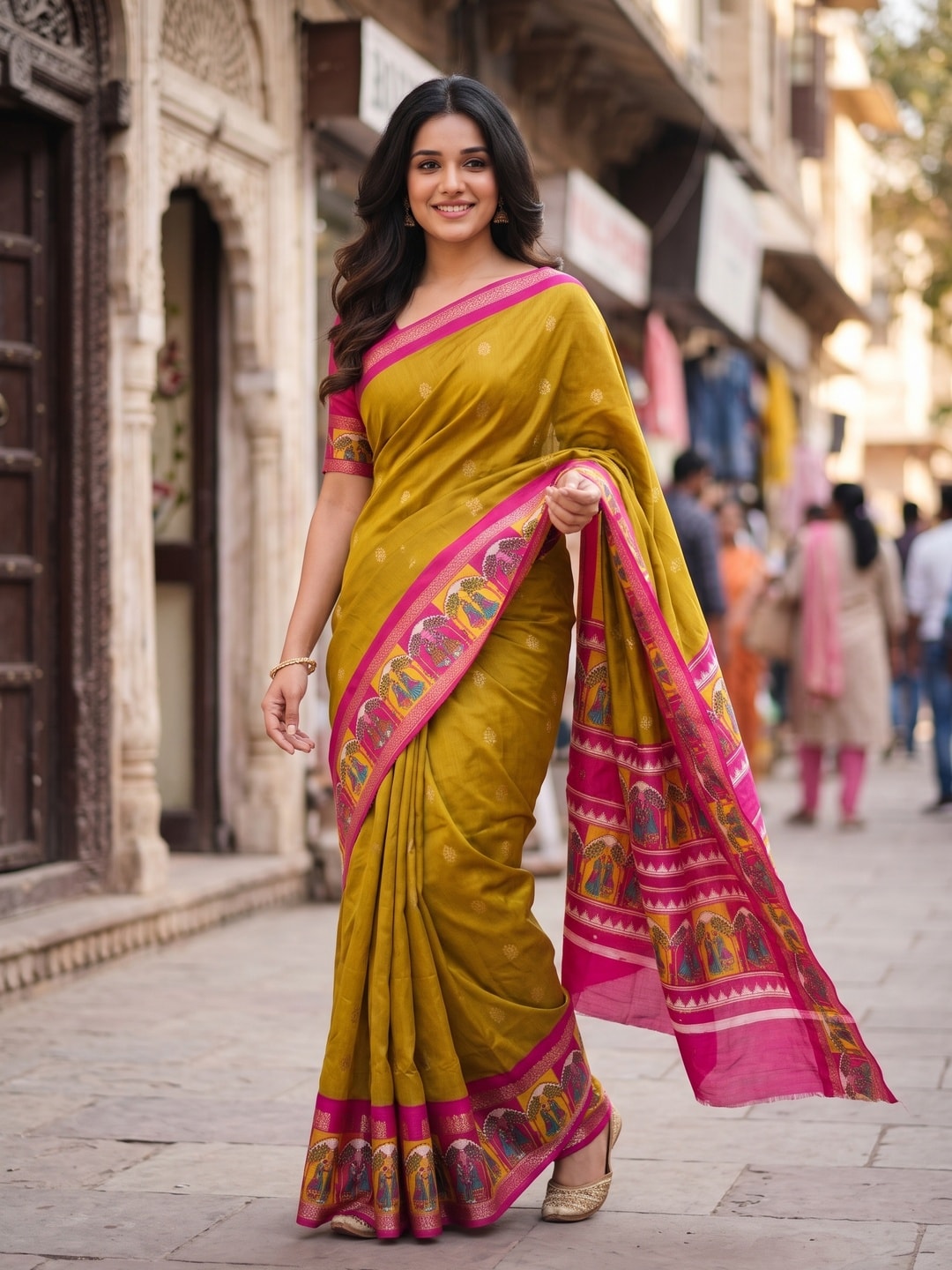 Peachmode Mustard Soft Cotton Weaving Butti Zari Jacquard Saree With Fancy Figure Design Border And Pallu - Image 4
