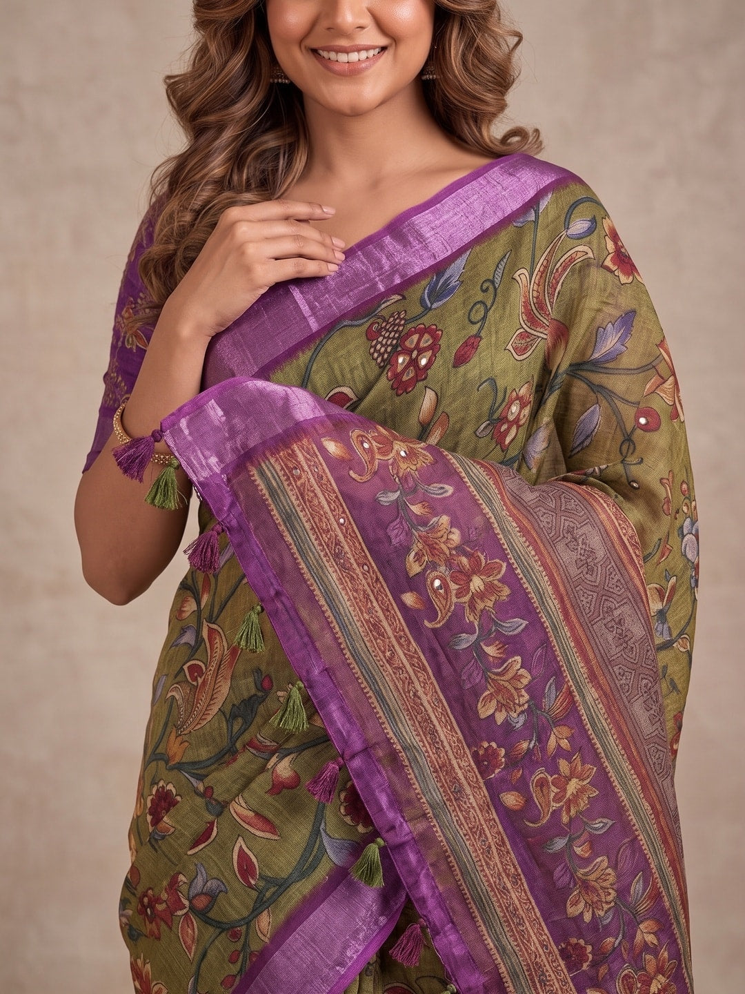 Peachmode Olive Pure Linen Weave Saree With Chennur Cotton Print And Thread Mirror Work With Tassels - Image 5