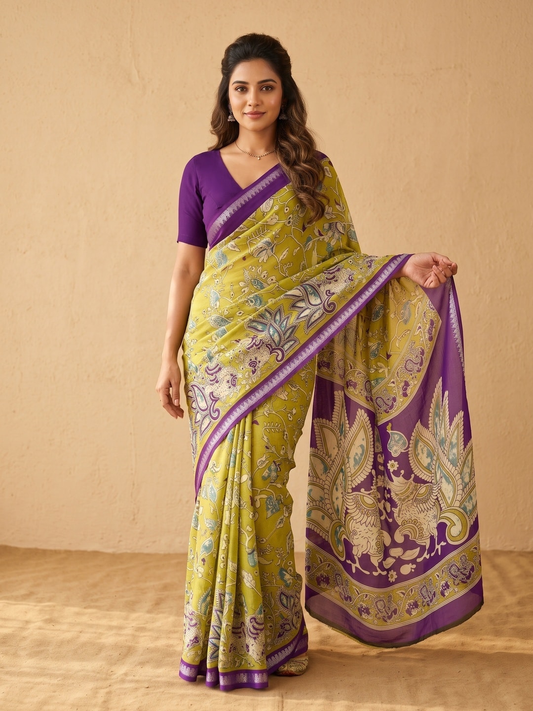 Peachmode Lime Soft Moss Georgette Zari Jacquard Saree With Kalamkari Design - Image 1