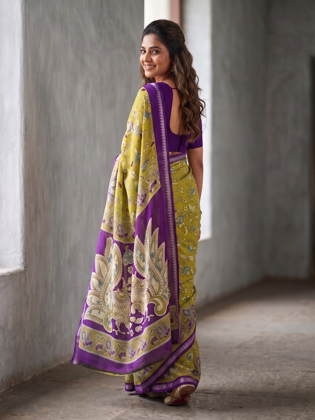 Peachmode Lime Soft Moss Georgette Zari Jacquard Saree With Kalamkari Design - Image 2