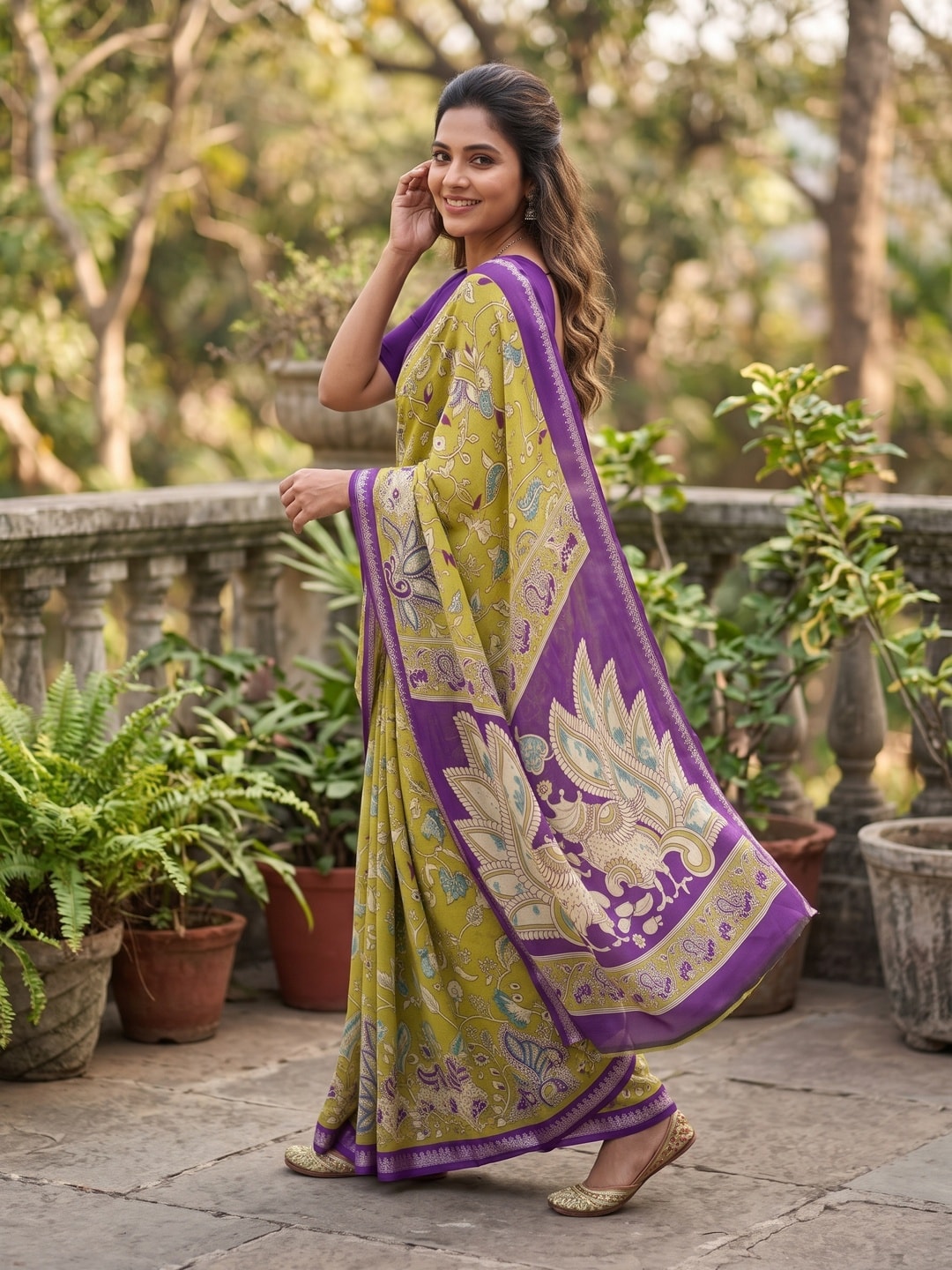 Peachmode Lime Soft Moss Georgette Zari Jacquard Saree With Kalamkari Design - Image 4