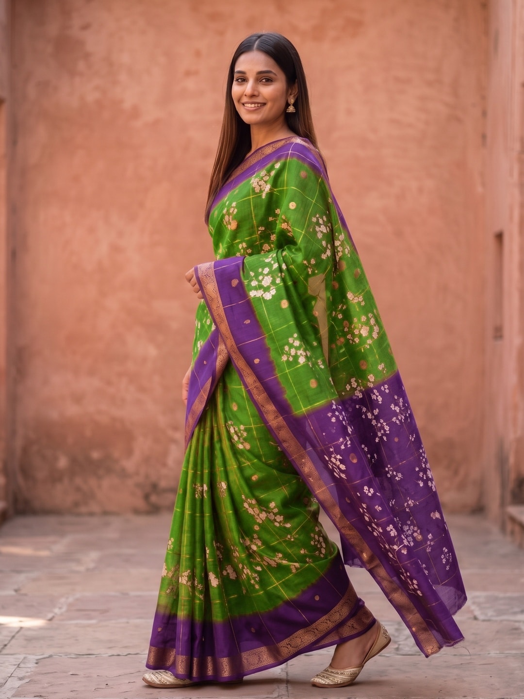 Peachmode Green Soft Cotton Chex Butti Zari Jacquard Saree With Silky Floral Print - Image 3