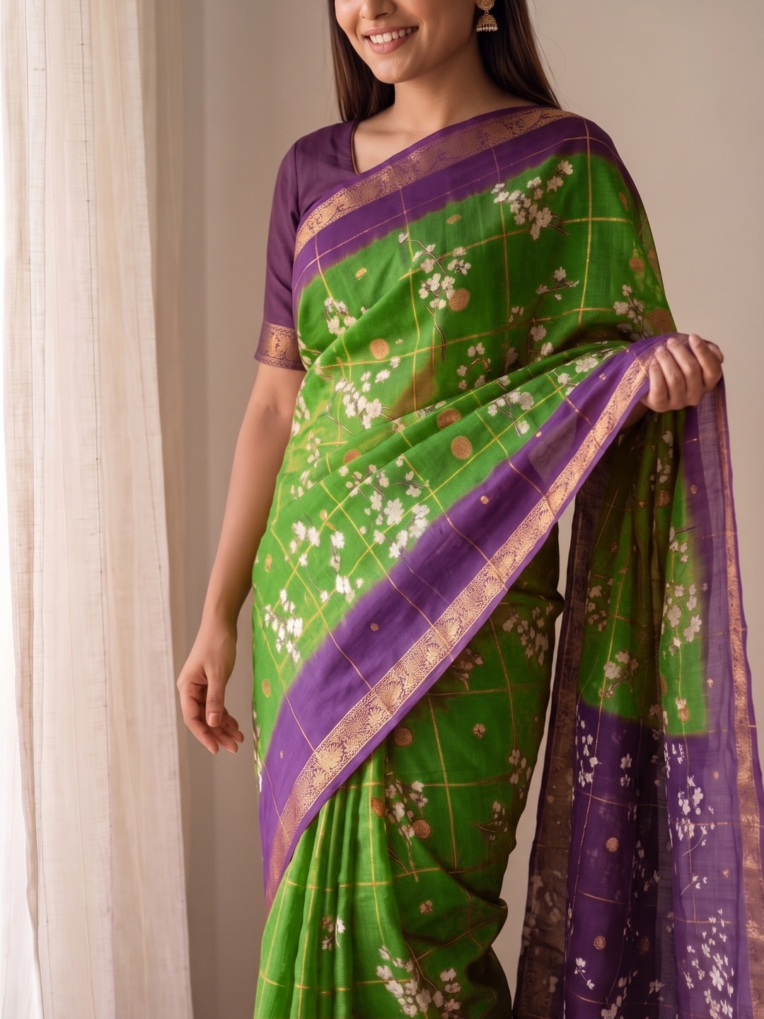 Peachmode Green Soft Cotton Chex Butti Zari Jacquard Saree With Silky Floral Print - Image 5