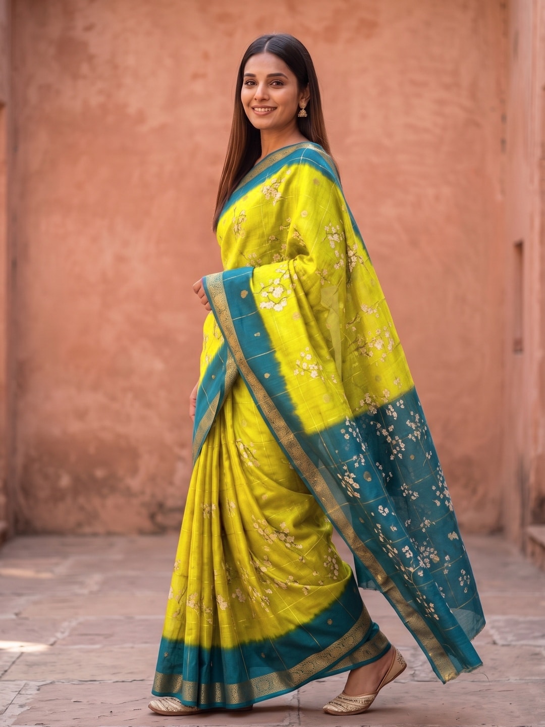 Peachmode Yellow Soft Cotton Chex Butti Zari Jacquard Saree With Silky Floral Print - Image 3