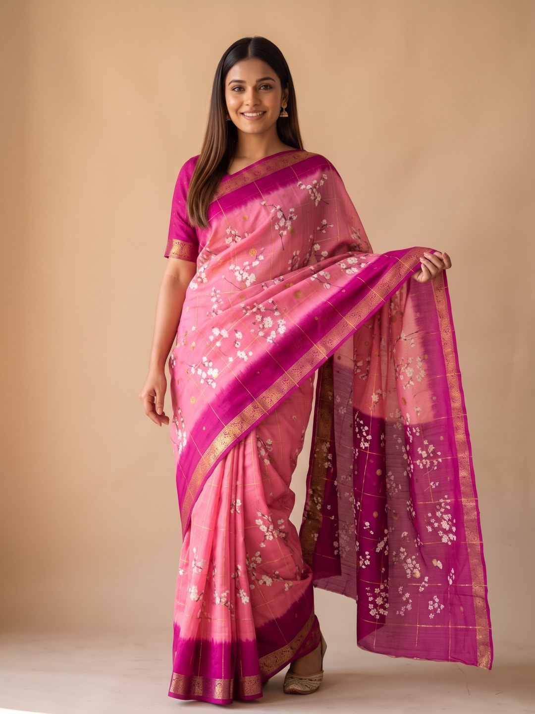 Peachmode Pink Soft Cotton Chex Butti Zari Jacquard Saree With Silky Floral Print - Image 1