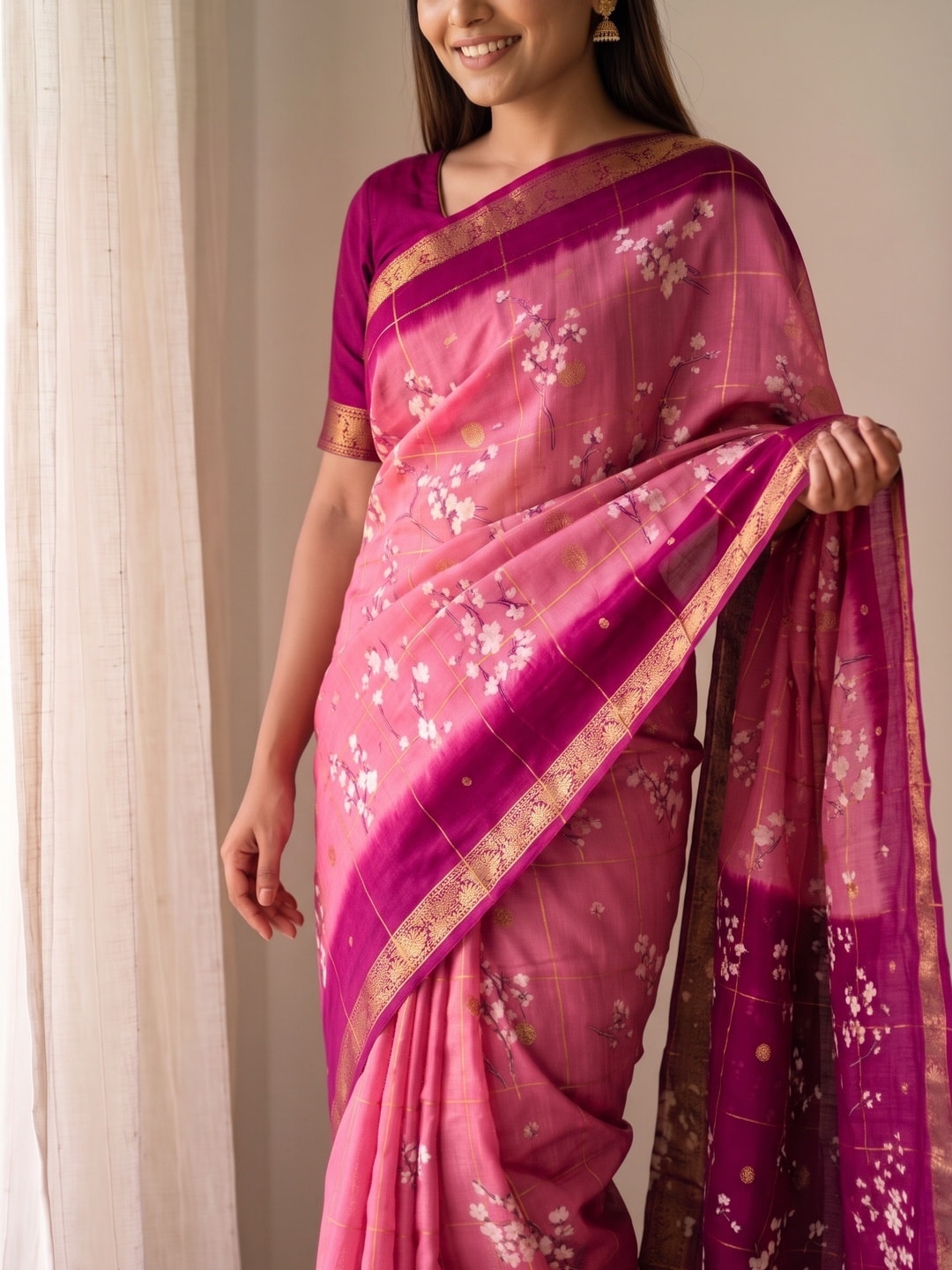 Peachmode Pink Soft Cotton Chex Butti Zari Jacquard Saree With Silky Floral Print - Image 5