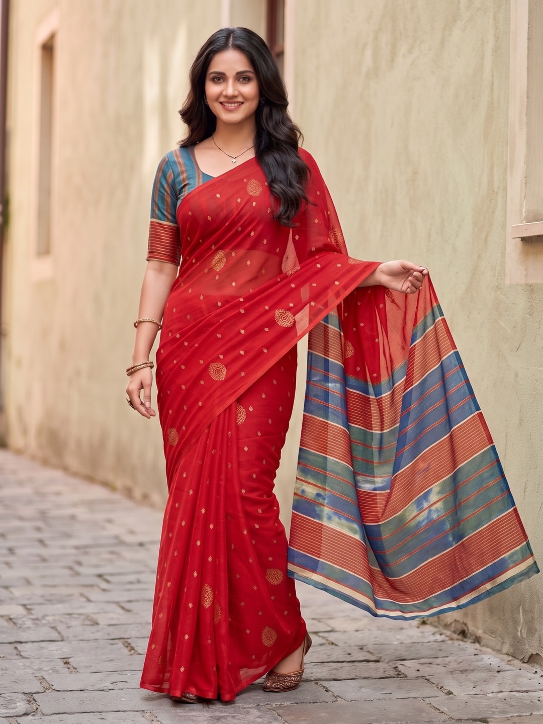 Peachmode Red Soft Moss Georgette Saree With Semi Digital Palav Design And Foil Print - Image 1