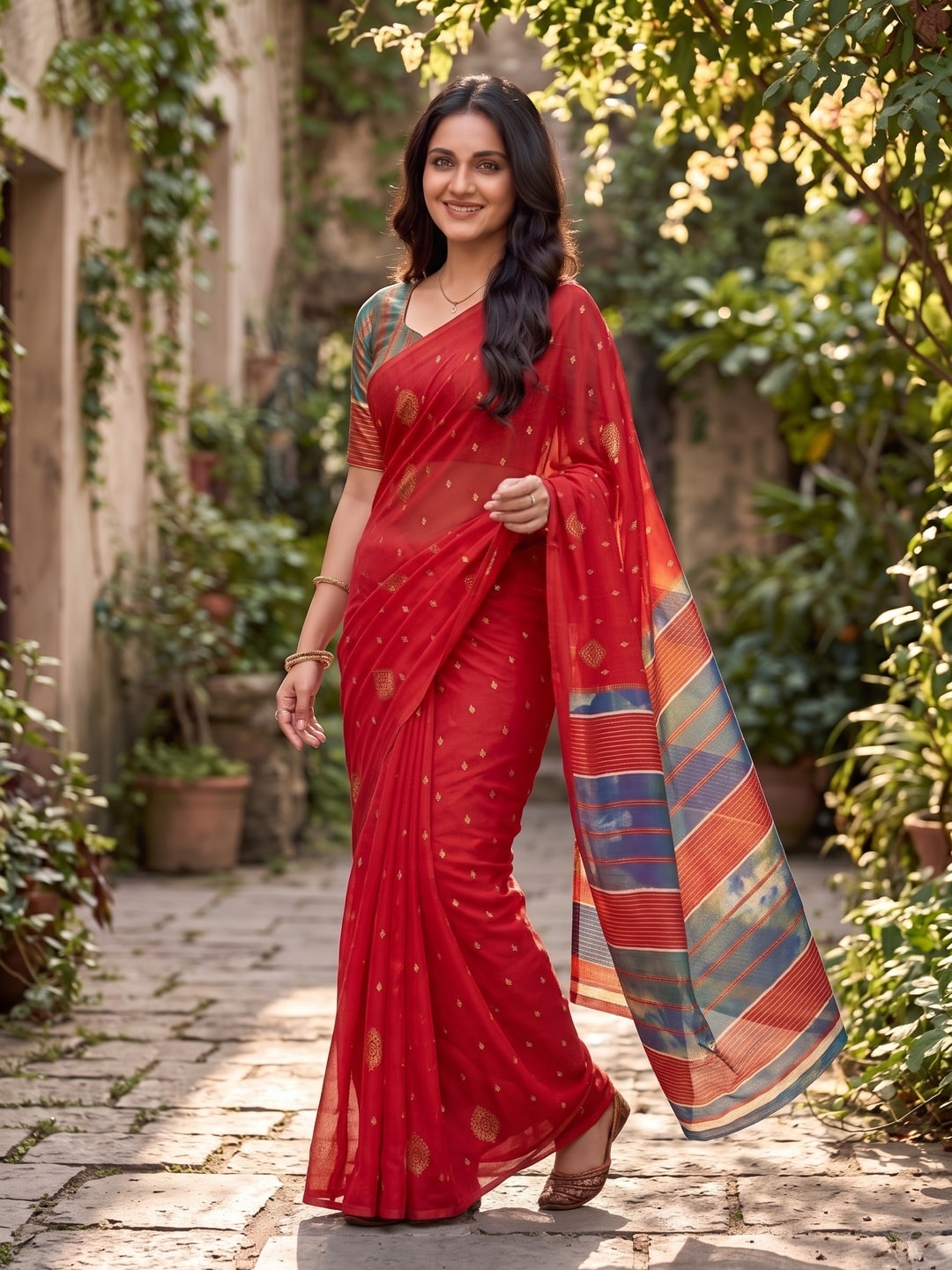 Peachmode Red Soft Moss Georgette Saree With Semi Digital Palav Design And Foil Print - Image 4