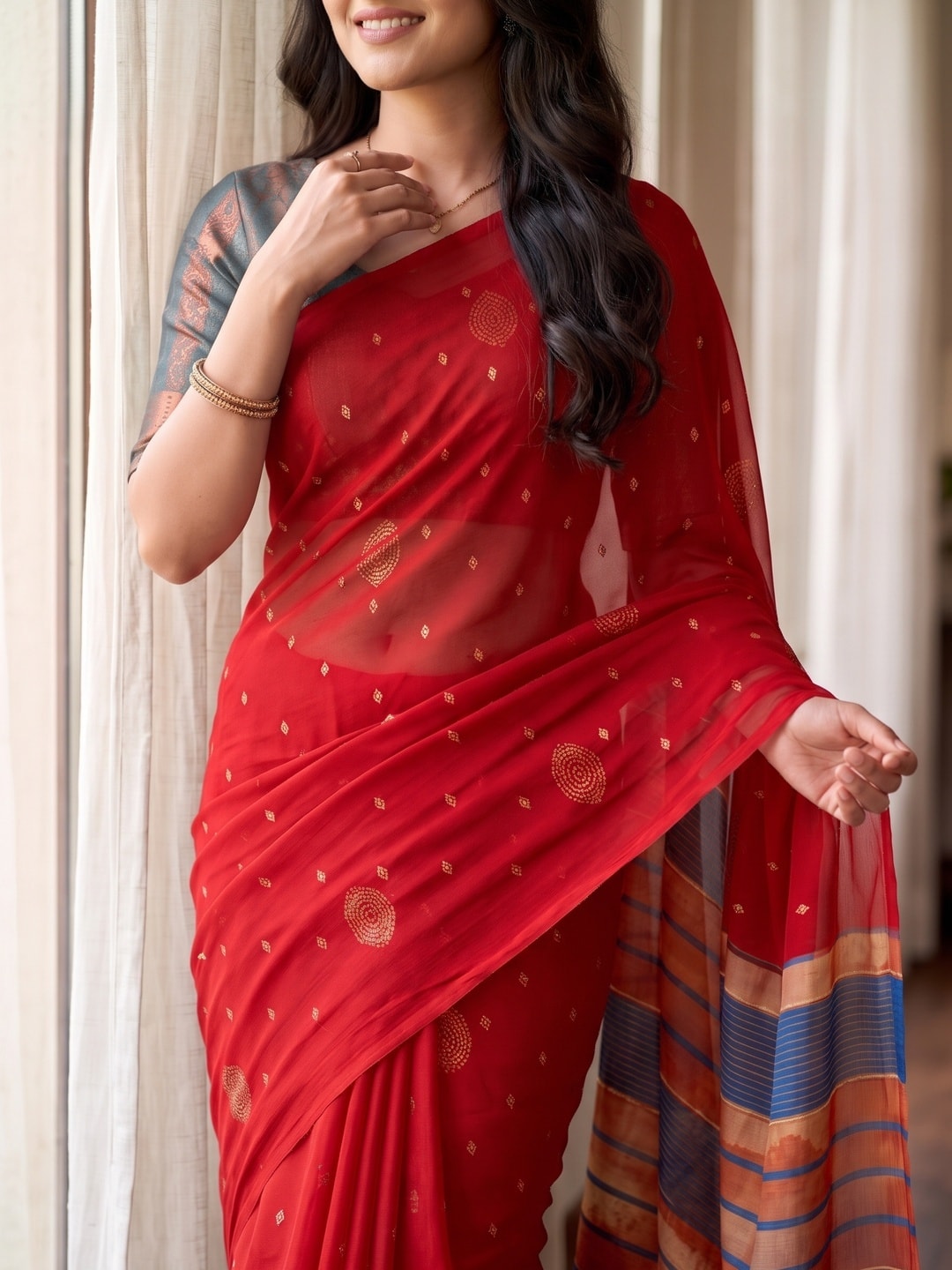 Peachmode Red Soft Moss Georgette Saree With Semi Digital Palav Design And Foil Print - Image 5