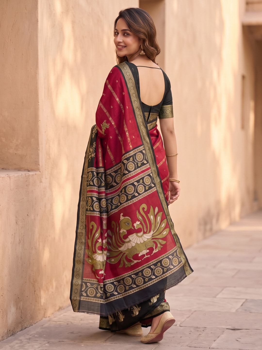 Peachmode Red Soft Cotton Bentex Zari Jacquard Saree With Kalamkari Peacock Design - Image 2