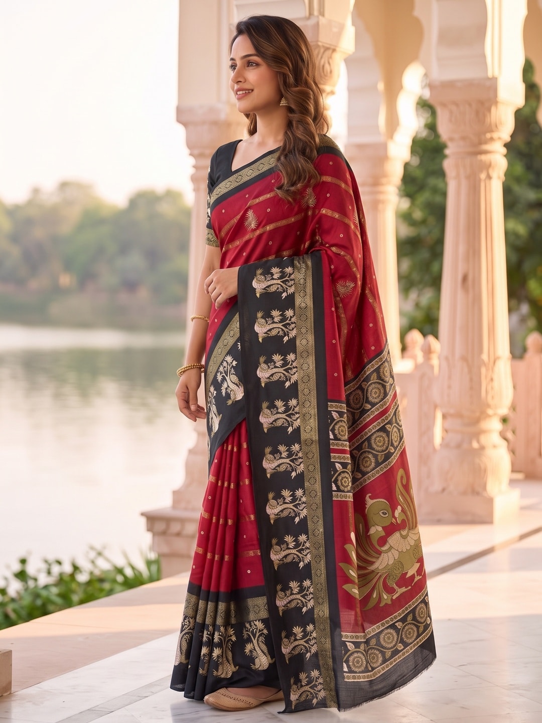Peachmode Red Soft Cotton Bentex Zari Jacquard Saree With Kalamkari Peacock Design - Image 3