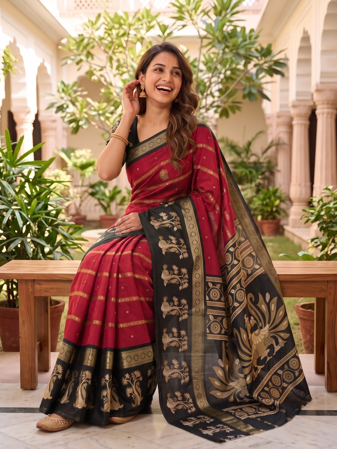 Peachmode Red Soft Cotton Bentex Zari Jacquard Saree With Kalamkari Peacock Design - Image 4
