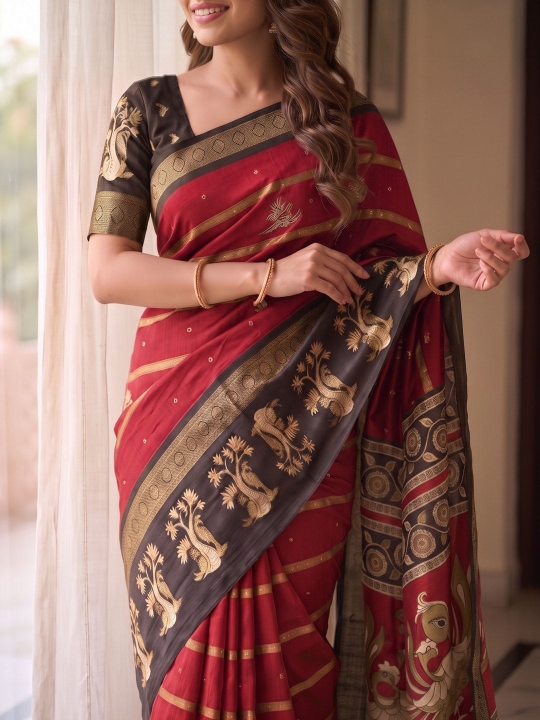 Peachmode Red Soft Cotton Bentex Zari Jacquard Saree With Kalamkari Peacock Design - Image 5