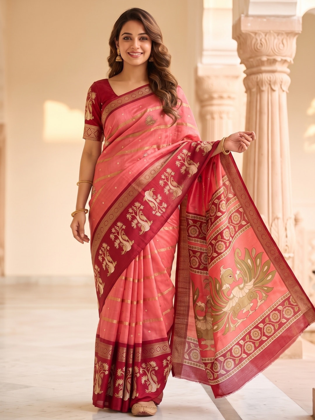 Peachmode Coral Soft Cotton Bentex Zari Jacquard Saree With Kalamkari Peacock Design - Image 1