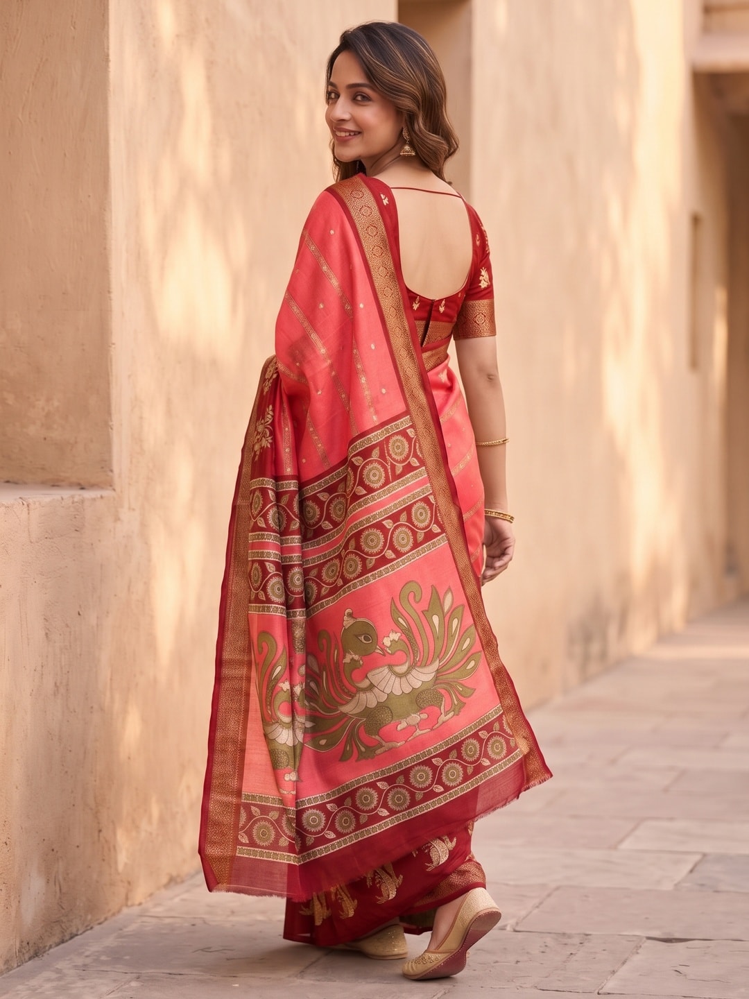 Peachmode Coral Soft Cotton Bentex Zari Jacquard Saree With Kalamkari Peacock Design - Image 2