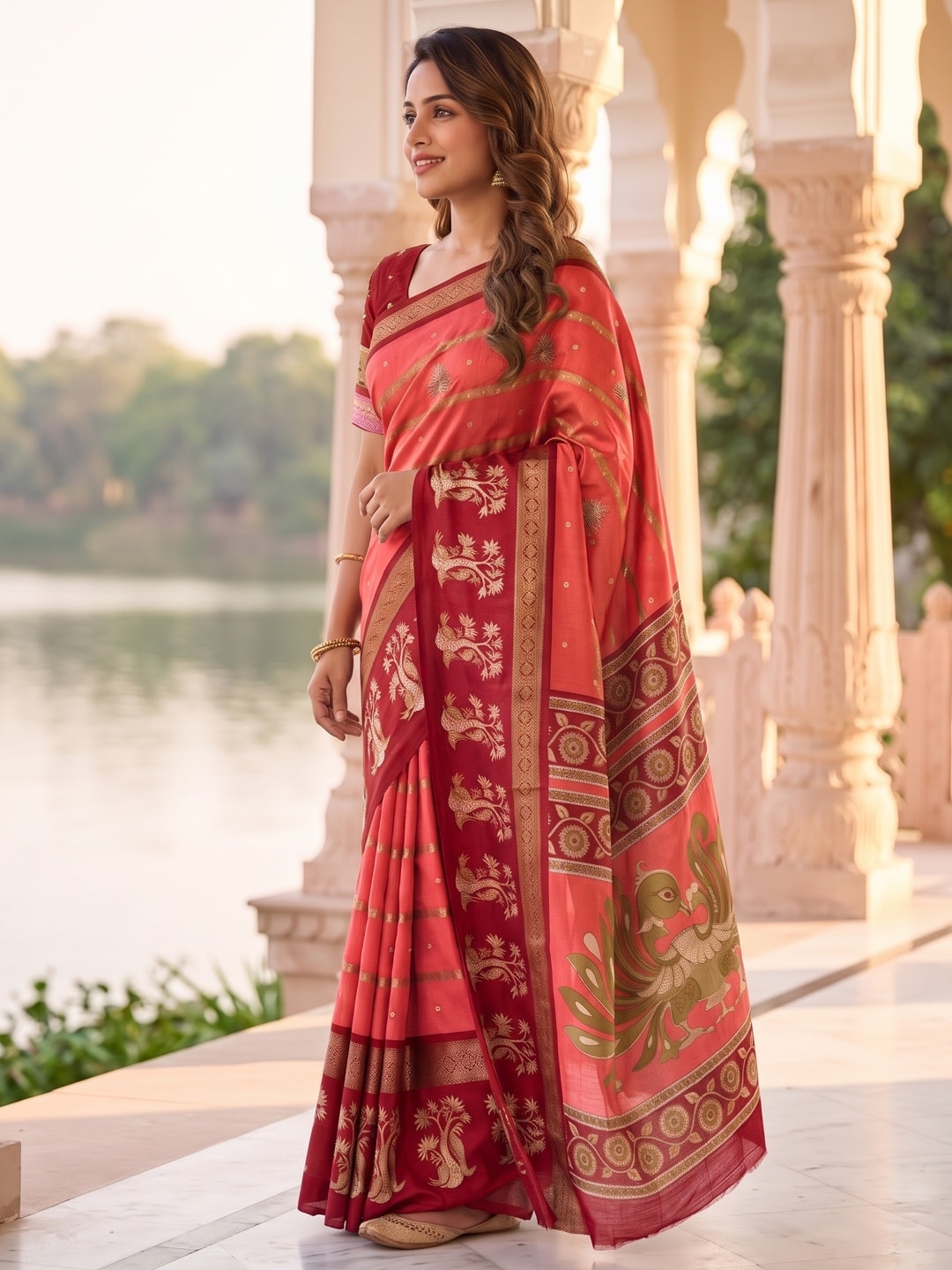 Peachmode Coral Soft Cotton Bentex Zari Jacquard Saree With Kalamkari Peacock Design - Image 3