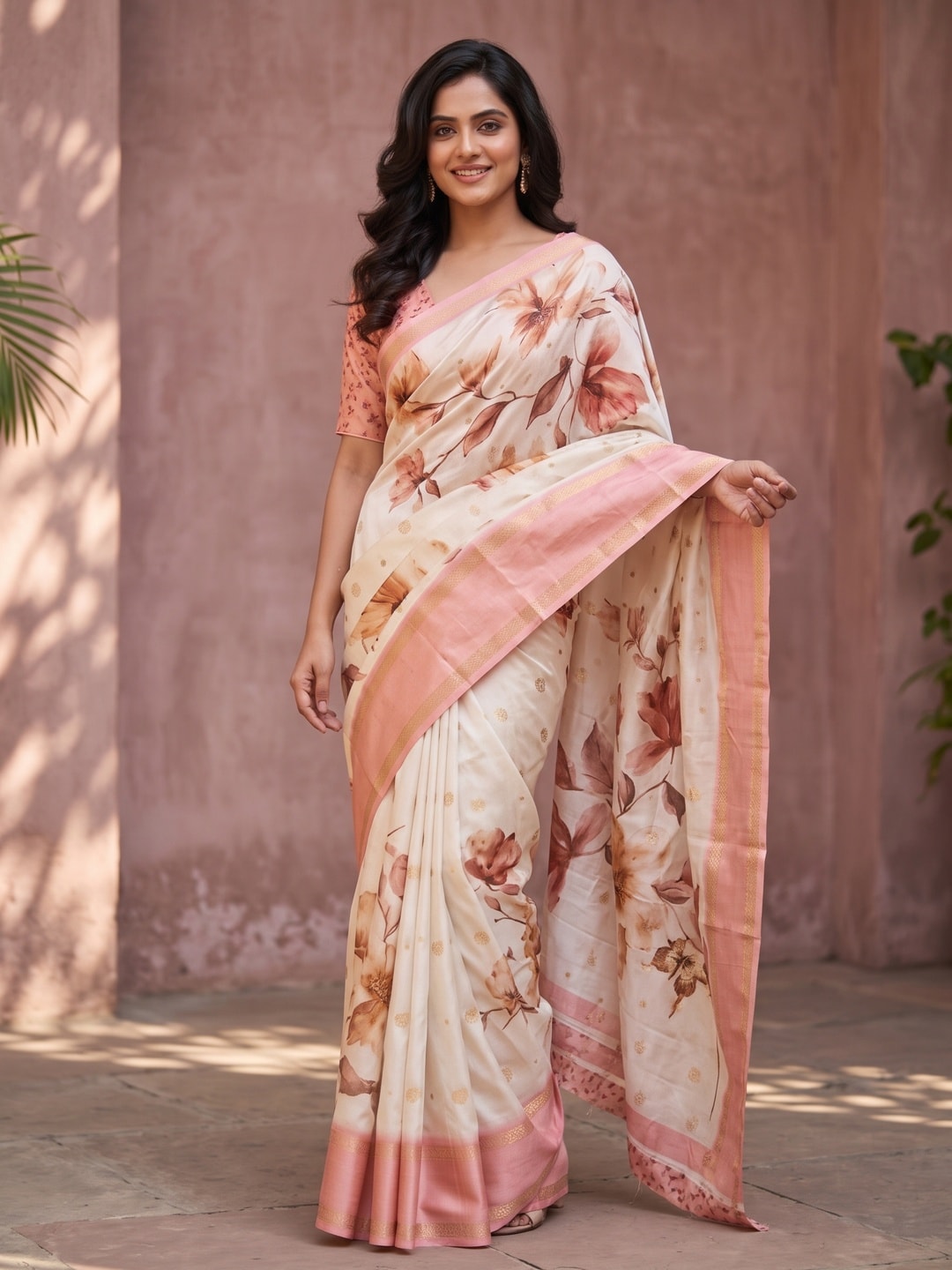 Peachmode Cream Soft Cotton Weaving Butti Zari Jacquard Saree With Fancy Floral Design - Image 1