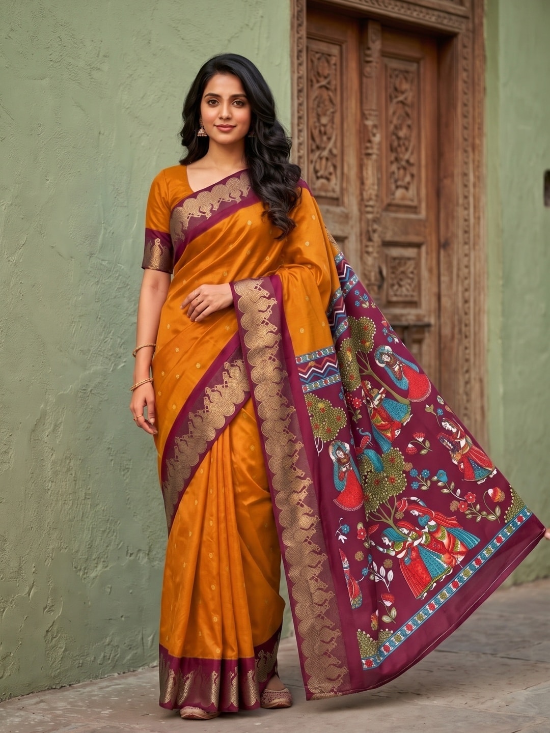 Peachmode Mustard Soft Cotton Zari Jacquard Saree With Temple Border And Kalamkari Pallu - Image 1