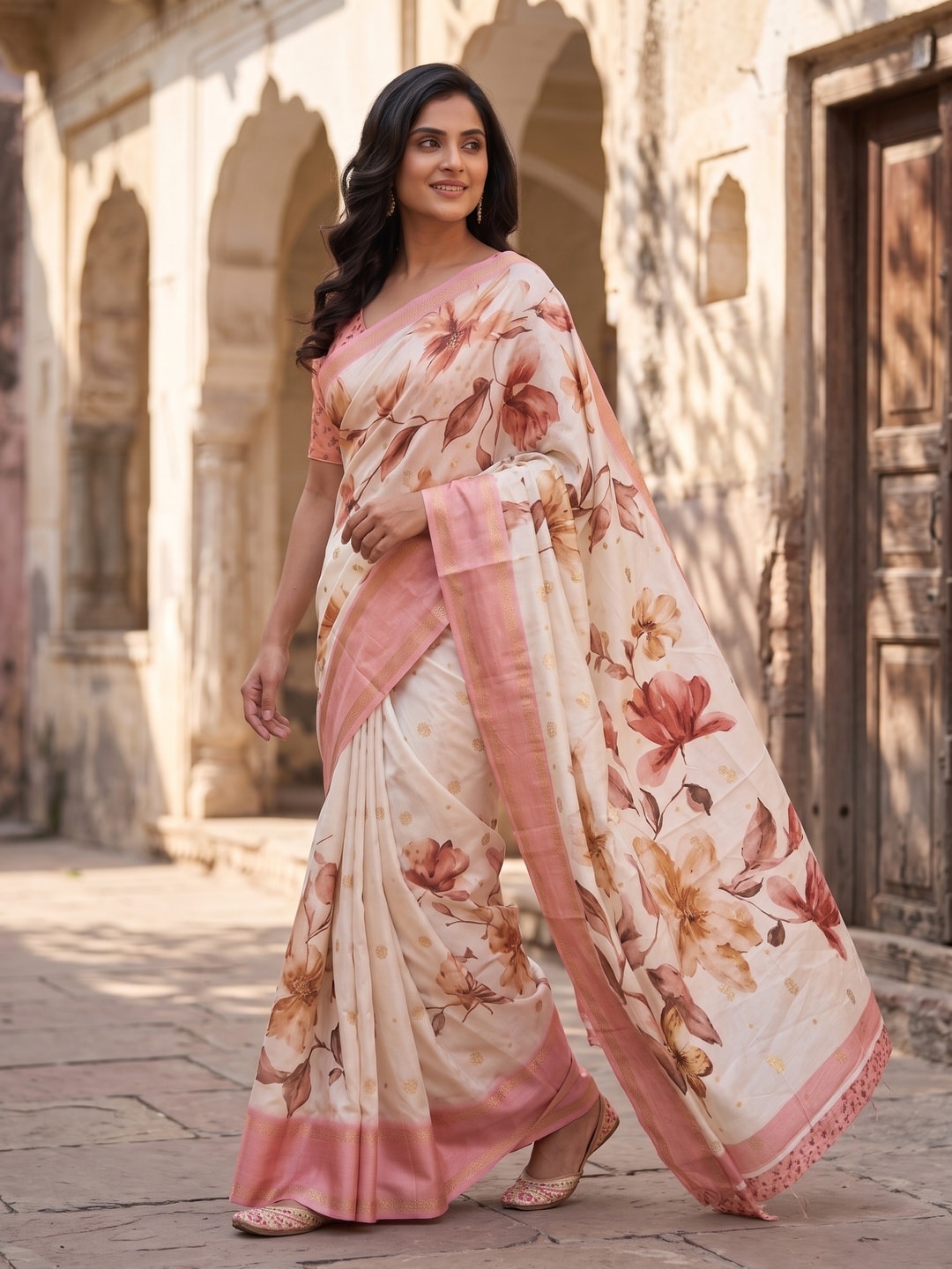 Peachmode Cream Soft Cotton Weaving Butti Zari Jacquard Saree With Fancy Floral Design - Image 3