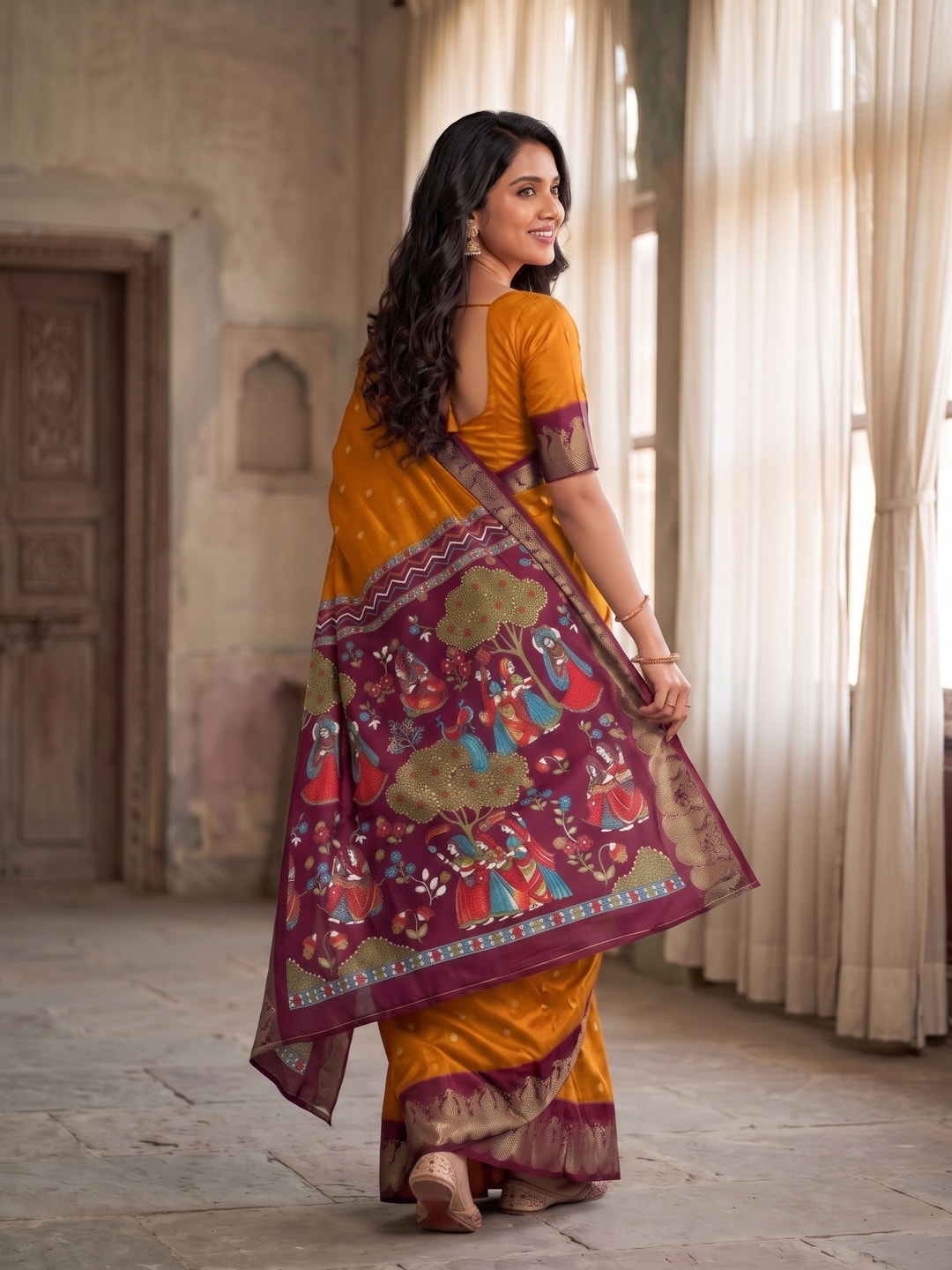 Peachmode Mustard Soft Cotton Zari Jacquard Saree With Temple Border And Kalamkari Pallu - Image 2