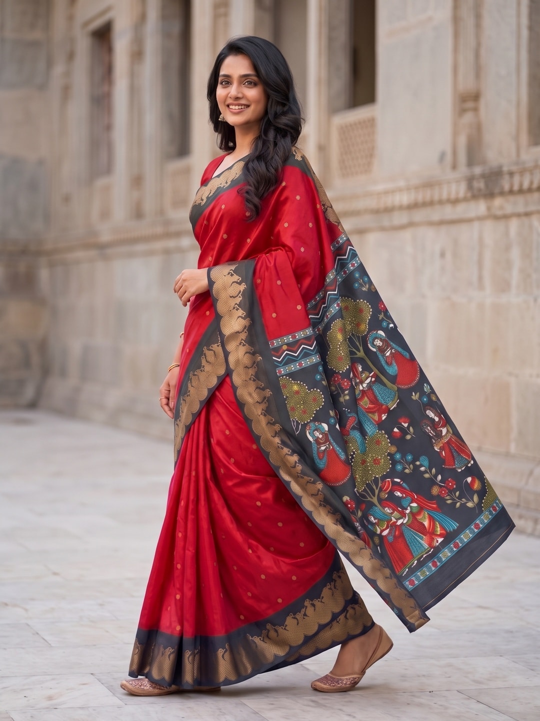 Peachmode Red Soft Cotton Zari Jacquard Saree With Temple Border And Kalamkari Pallu - Image 3
